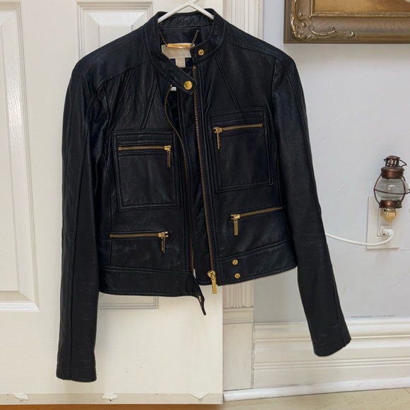 NEW Dark blue Michael Kors XS leather bomber jacket - Picture 1 of 7